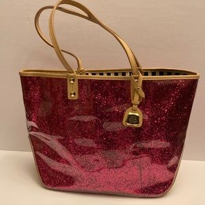 Henri Bendel pink glitter tote bag tan leather handles GUC purse